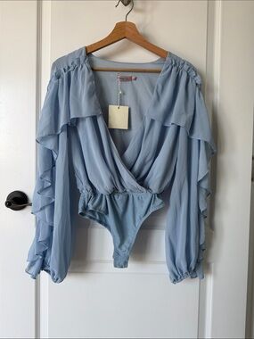 Vici Light Blue Ruffled Surplice Bodysuit